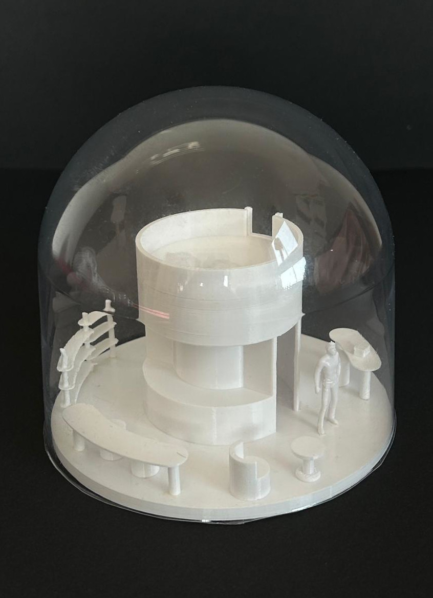 3D printana arhitektonska maketa za izložbu, izrađena od PLA i stakla